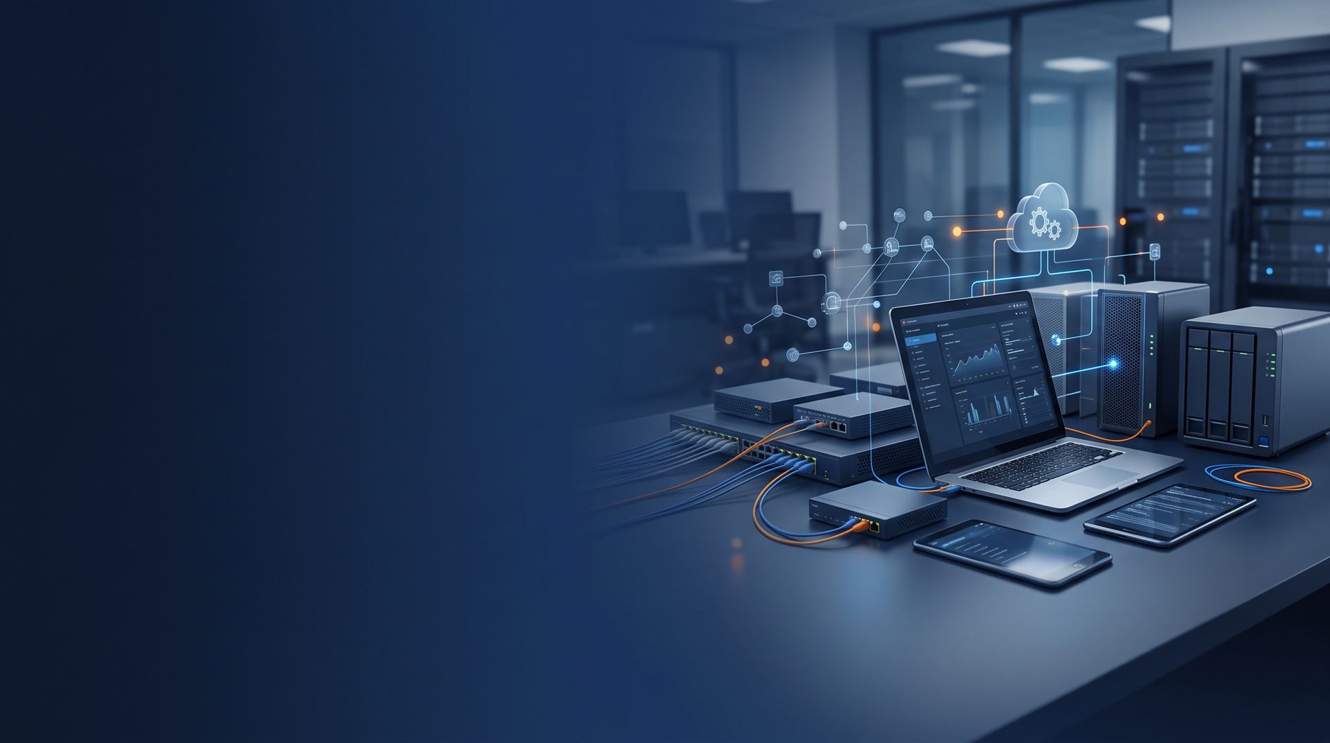 Equipos de red y portátil conectados en una oficina de tecnología