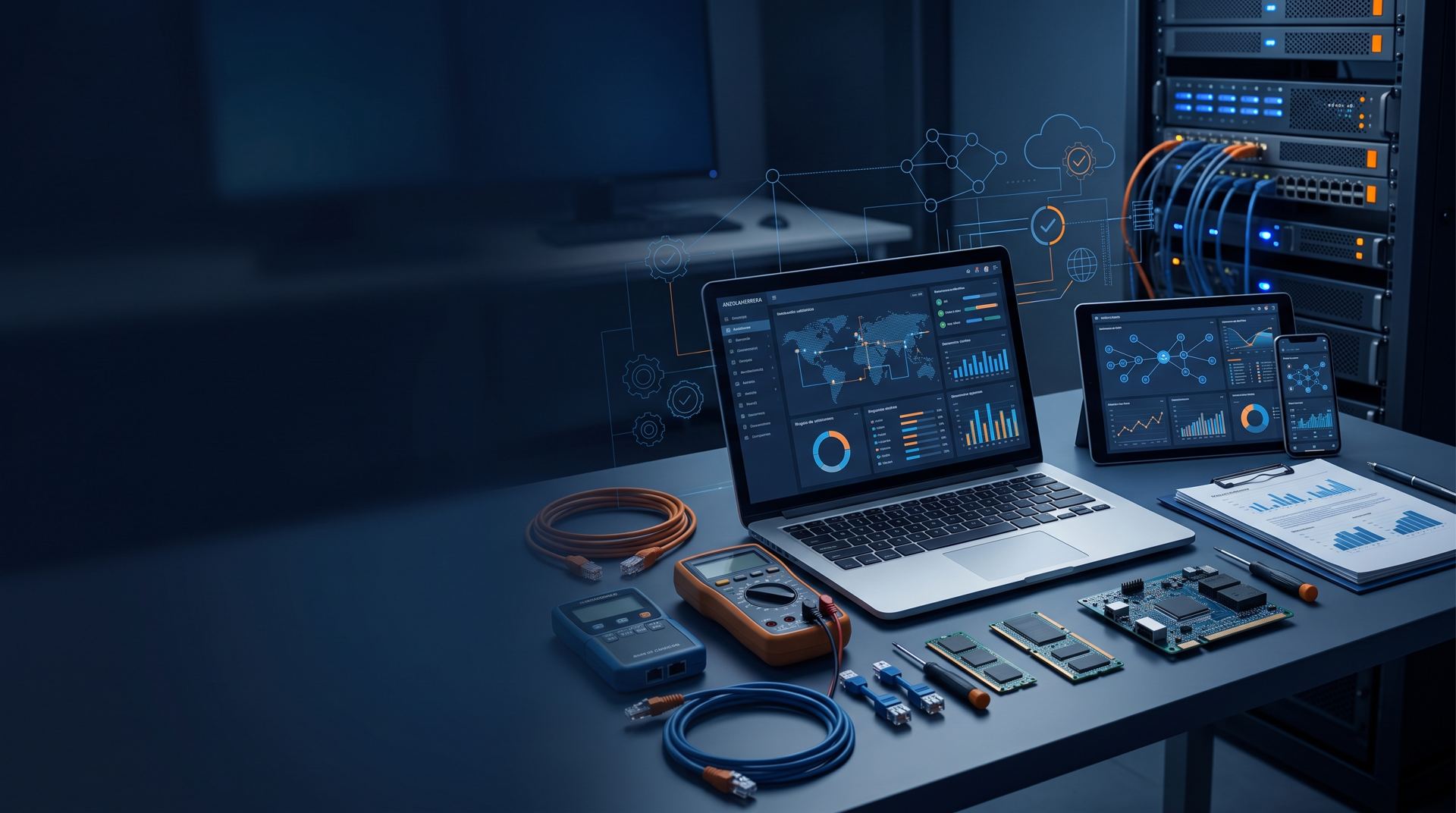 Herramientas de diagnóstico, portátil con indicadores y rack de servidores