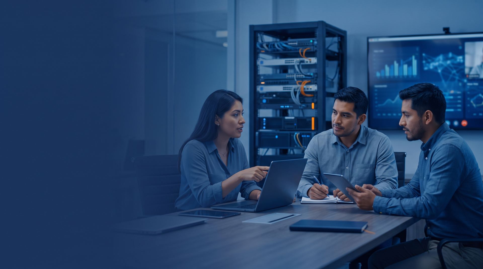Equipo de trabajo revisando la infraestructura tecnológica de una empresa