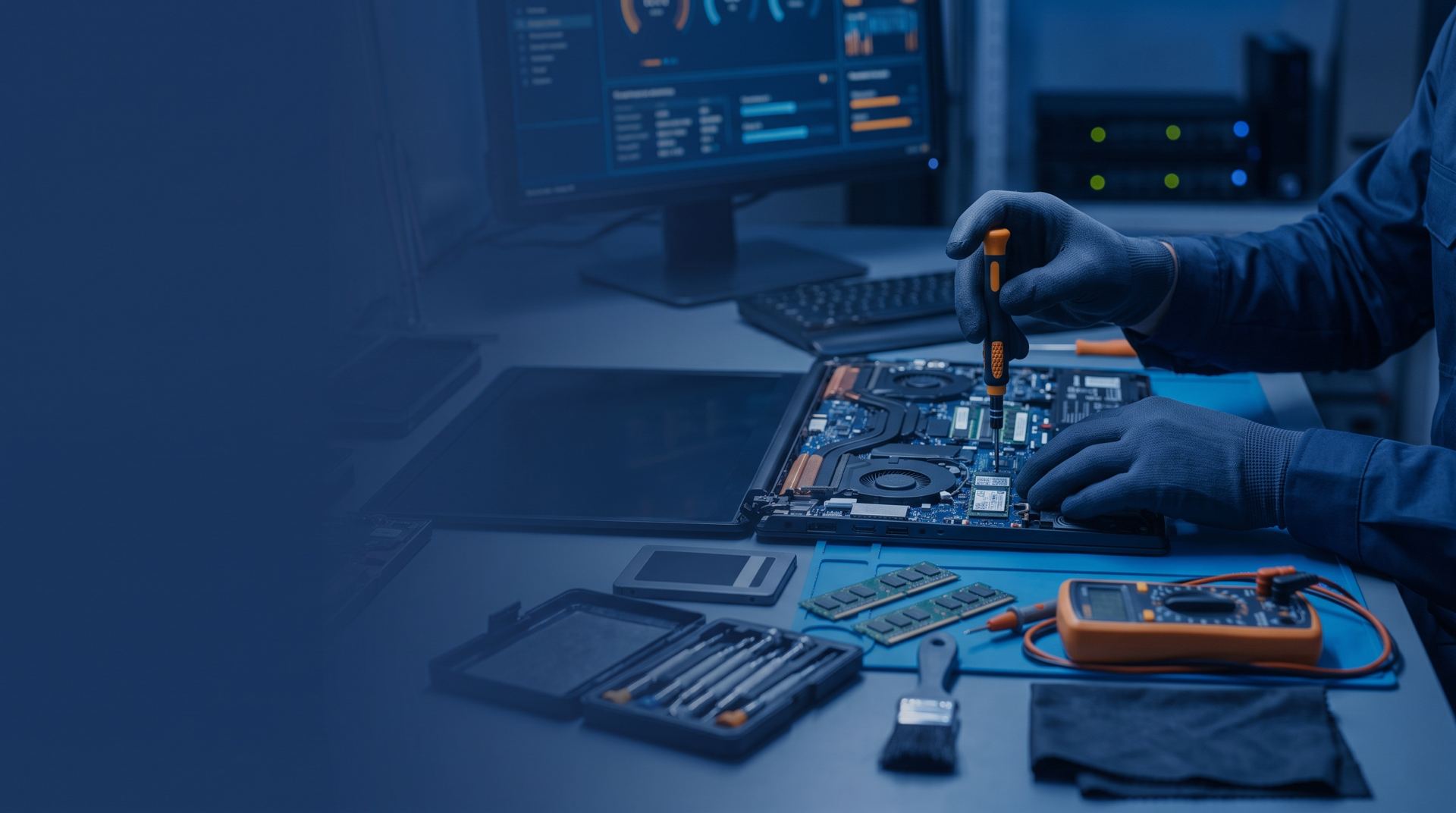 Técnico realizando mantenimiento a un equipo portátil